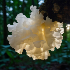 A tremella mushroom hanging from a tree branch in a forest area with trees in the background and a light shining on the tremella. Chinese gelatinous fungi. Tremella fuciformis. Snow fungus.