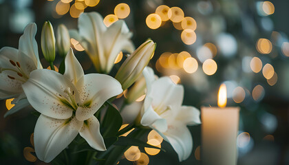 Funeral. White lilies and burning candle indoors, bokeh effect