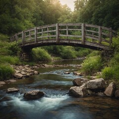 A peaceful countryside scene with a quaint bridge over a babbling brook, adorned with images of missing children, symbolizing the bridge between loss and reunion.
