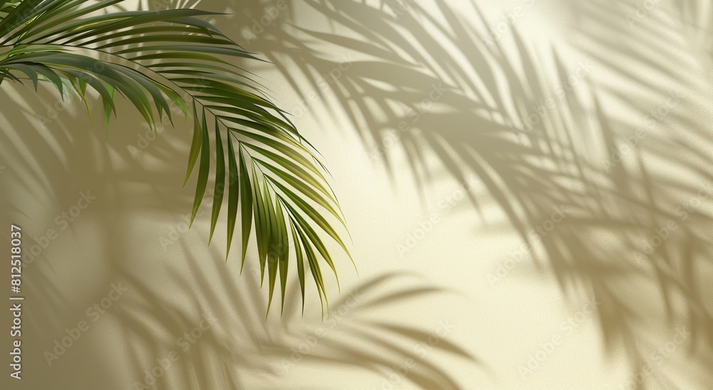 Poster Vibrant green palm fronds casting dramatic shadows on a neutral toned wall, showcasing contrast and texture