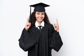 Young university graduate Arab woman isolated on white background pointing up a great idea