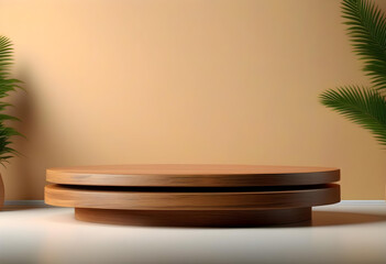 A blank wooden podium with green plants pot in the brown wall background