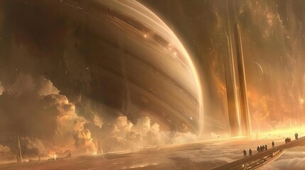 Sketch a diplomatic meeting held on a space station with panoramic views of Saturn, where alien races form alliances