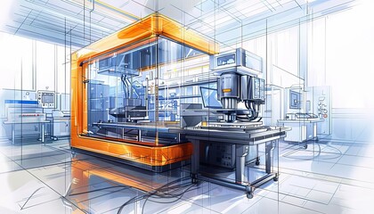 Sketch a medical lab using 3D printing technology to develop advanced drug delivery systems