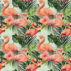 Floral seamless tropical pattern background with exotic flowers, palm leaves, jungle leaf, hibiscus, orchid flower, pink flamingos. Illustration in Hawaiian style