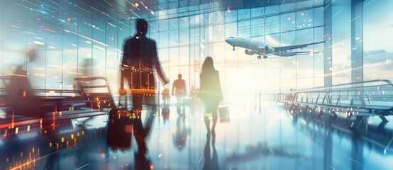 Business people walking in the airport with an airplane flying in the background, depicting a...