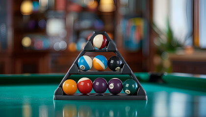 Plastic triangle rack with billiard balls and cues on green table indoors