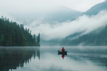 A lone canoeist paddles through calm waters on a mountain lake shrouded in mist, surrounded by a serene evergreen forest