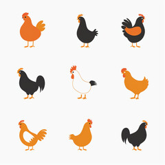 set of chicken icons, vector illustration, flat design, white background, simple shapes, orange and black color scheme, 