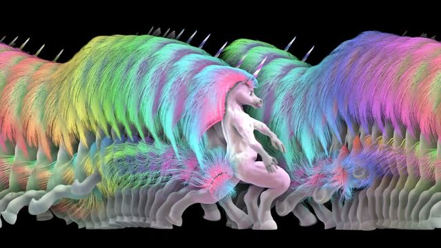 Seamless funny animation of a crazy unicorn fancy walking with long rainbow hair with echo effect.