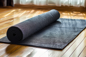 A yoga mat, rolled up and placed on the floor, symbolizes the practice of an active lifestyle and care for health.