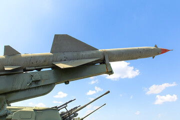 Defense forces weapon. Antiaircraft missles rocket with warhead aimed to the sky