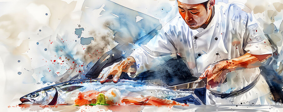 A watercolor painting of a chef preparing a salmon. The chef is wearing a white chef's coat and hat. He is holding a large knife in his right hand and is slicing the salmon with his left hand. 