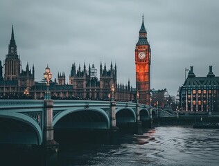 Dramatic and moody image of the Big Ben and Westminster bridge in London during dusk, with dark clouds looming overhead