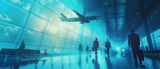Business people walking in the airport with an airplane flying in the background, depicting a travel concept. Double exposure. A blurred modern office interior and plane on a blue sky background.