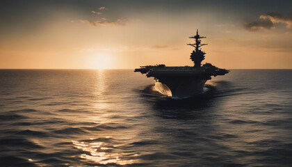 American fighter aircraft carrier silhouette in the ocean, sunset view
