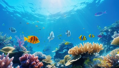 Naklejka premium Tropical fish in the underwater, coral reef, amazing underwater life, various fish and exotic coral reefs, ocean wild creatures background