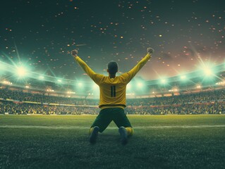 Naklejka premium A soccer player in a yellow jersey celebrates a win on the field, stadium lights and excited crowd in the background.
