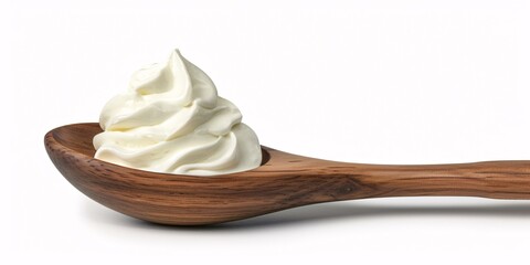 Creamy sour cream on a wooden spoon against a white background.