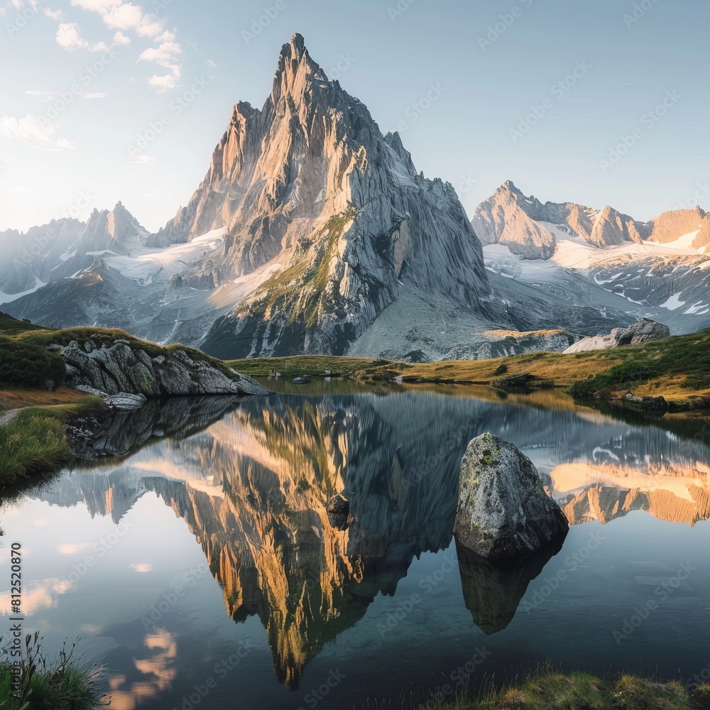 Wall mural Stunning reflection of a majestic mountain peak in a serene alpine lake during golden hour