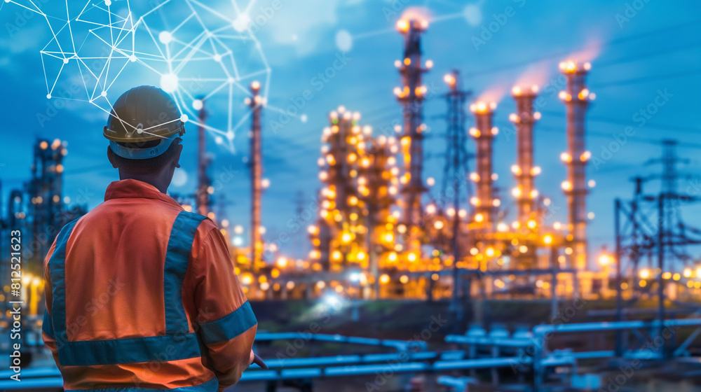 Aufkleber professional industrial engineer with blueprints checking and analysis data of power plant station p