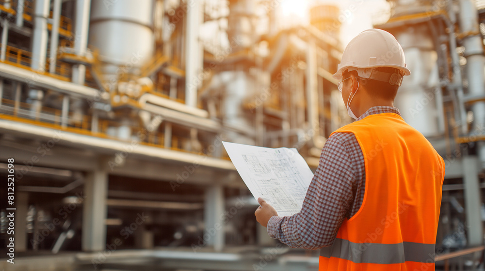 Poster professional industrial engineer with blueprints checking and analysis data of power plant station p