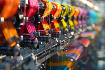 A row of colorful threads are being woven together