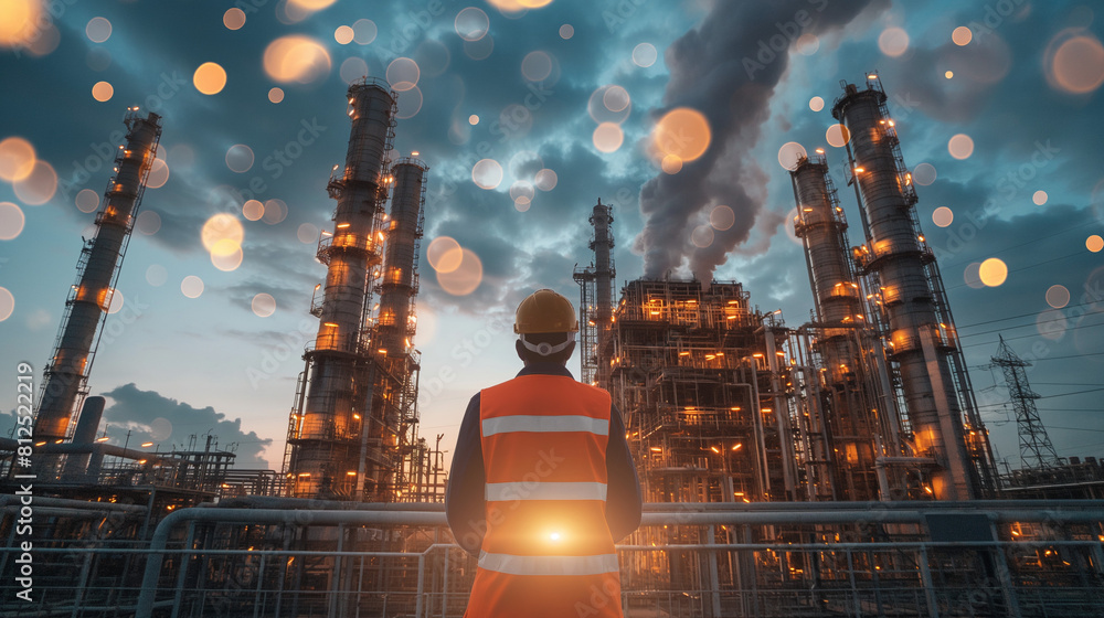 Aufkleber professional industrial engineer with blueprints checking and analysis data of power plant station p
