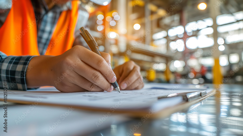 Poster professional industrial engineer with blueprints checking and analysis data of power plant station p