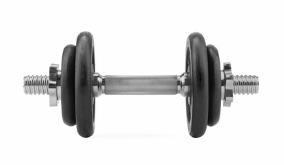 One metal dumbbell isolated on white. Sports equipment