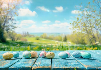 A scenic view of Easter eggs with varying pastel patterns, set against a vivid spring landscape,...