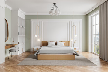 Modern bedroom interior with a large bed, stylish furniture, and bright window, home concept. 3D Rendering