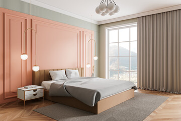 Cozy hotel bedroom interior with bed and nightstand, panoramic window