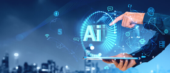 Man finger touch tablet, glowing AI hologram and social network icons