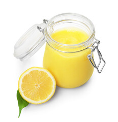 Delicious lemon curd in glass jar, fresh citrus fruit and green leaf isolated on white