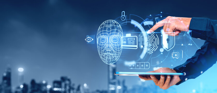 Man finger touch biometric scanning in tablet, face id hologram. Copy space