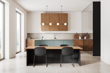White and gray kitchen interior with island and dining table