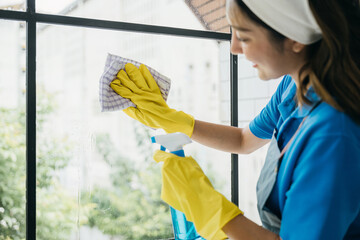 In an office setting a happy maid uses a spray to clean windows. Her housework routine ensures...