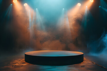 Background of round podium illuminated by searchlights. Generative Ai.