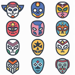 A set of colorful lucha libre icons on a white background in a vector illustration. 