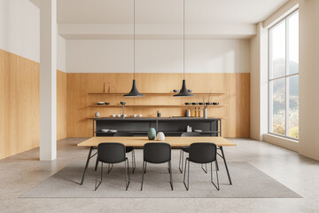 A modern kitchen interior with wooden cabinets, black chairs, dining table, decorative vases, and a large window, minimalist style on a light background, concept of contemporary home. 3D Rendering