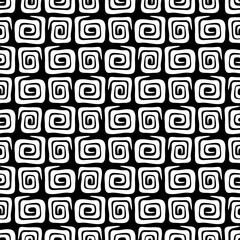 Ethnic seamless pattern with abstract ornament of square spiral shapes of white color on black background. Monochrome vector print for fabric, wallpaper or wrapping paper, male or female design.