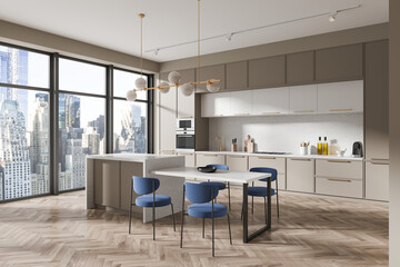 Beige home kitchen interior bar island and cooking cabinet, panoramic window