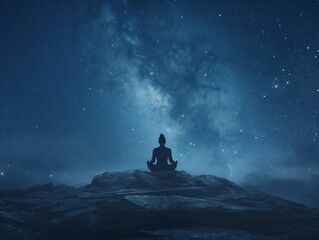 Silhouette of a person meditating on a mountain under a starry night sky.