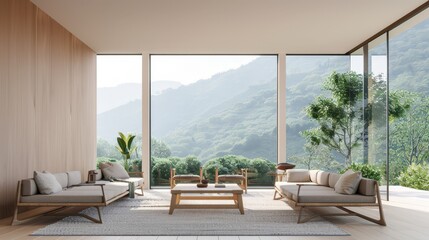 Fototapeta premium A living room with a large window overlooking a mountain