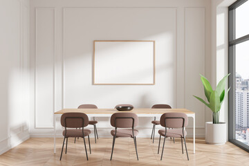 Modern dining room with a blank framed poster on the wall, wooden table, chairs, and a plant, on a city background, mockup concept. 3D Rendering