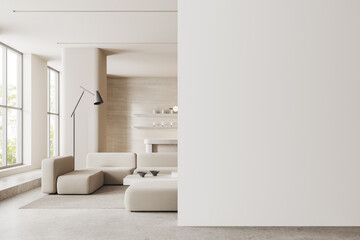 Beige beauty salon interior with reception desk and sofa, window. Mock up wall