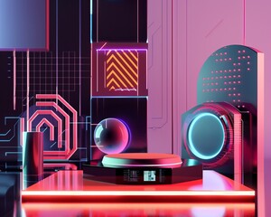 An abstract interpretation of the cyber punk aesthetic on a showcase product podium, super realistic
