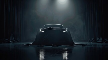 Car presentation in a dark room with black fabric covering. Car reveal concept. A car under cloth on a stage for advertisement or promotion of a new model.