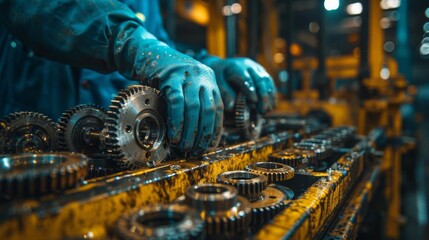 Auto technician repairing a gearbox, intricate work with gears and mechanical components